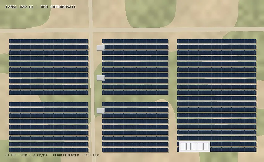 High-resolution RGB orthomosaic of a utility-scale solar site captured by a Fanal drone, showing panel rows, access roads, and equipment pads