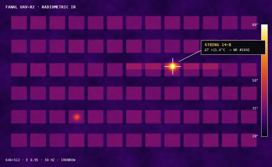 Radiometric thermal drone image of a solar array in ironbow palette, with a flagged hotspot on string 14-B reading 11.4 degrees above nominal and an auto-created work order